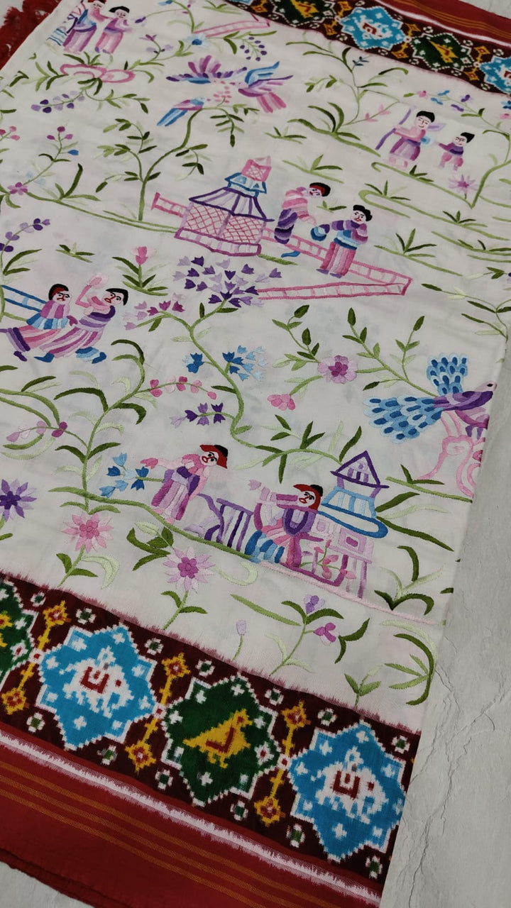 Authentic Double Ikkat Patan Patola Handwoven Silk Saree in white with handmade Parsigara embroidery | SILK MARK CERTIFIED