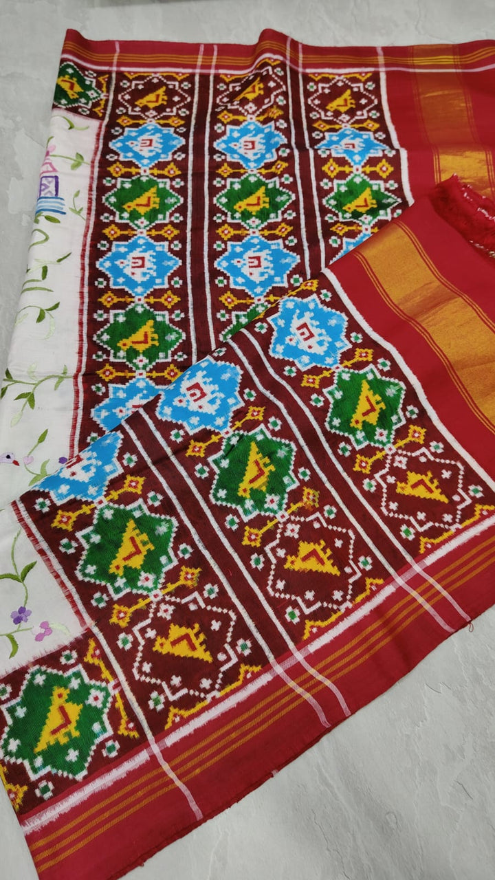 Authentic Double Ikkat Patan Patola Handwoven Silk Saree in white with handmade Parsigara embroidery | SILK MARK CERTIFIED