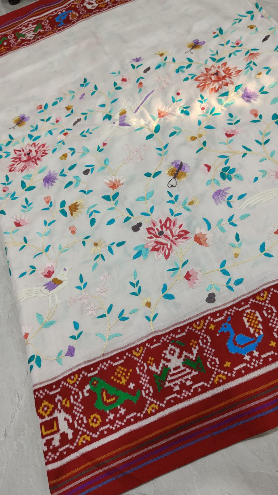 Authentic Double Ikkat Patan Patola Handwoven Silk Saree in white with handmade Parsi Gara embroidery Jugalbandi  | SILK MARK CERTIFIED