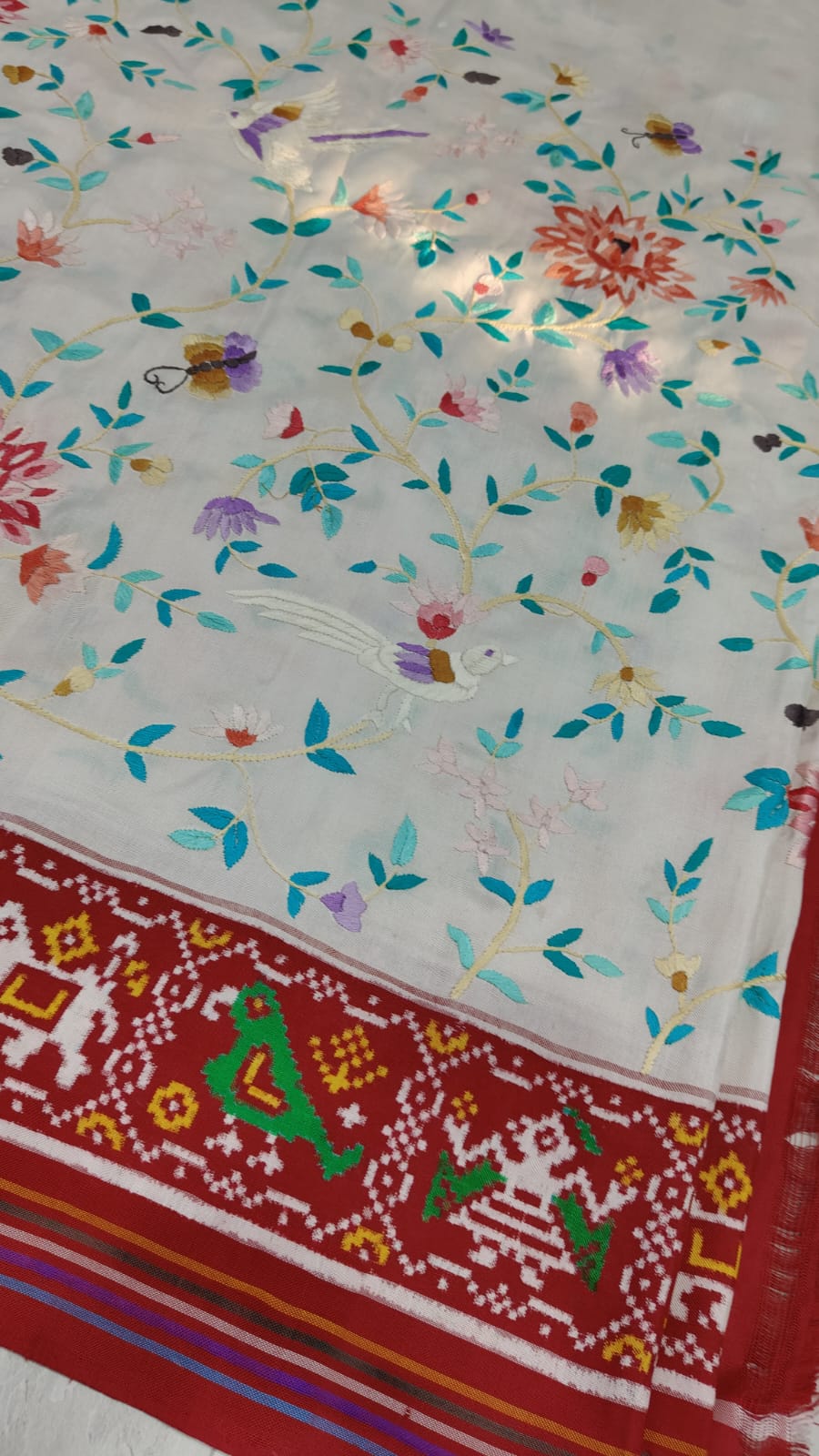 Authentic Double Ikkat Patan Patola Handwoven Silk Saree in white with handmade Parsi Gara embroidery Jugalbandi  | SILK MARK CERTIFIED