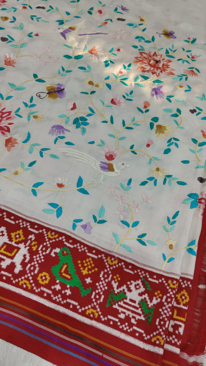 Authentic Double Ikkat Patan Patola Handwoven Silk Saree in white with handmade Parsi Gara embroidery Jugalbandi  | SILK MARK CERTIFIED