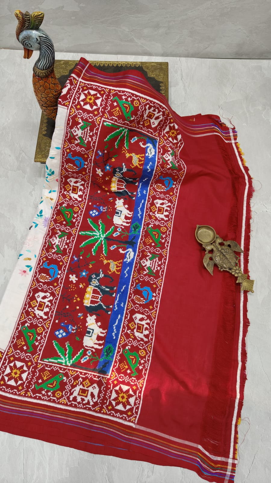 Authentic Double Ikkat Patan Patola Handwoven Silk Saree in white with handmade Parsi Gara embroidery Jugalbandi  | SILK MARK CERTIFIED