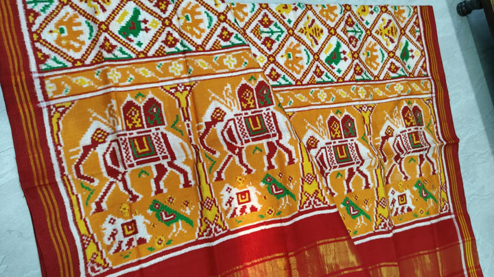 Authentic Patan Patola Double Ikkat Pure Silk Saree in Clay With Royal Elephant Pallu  | SILK MARK CERTIFIED