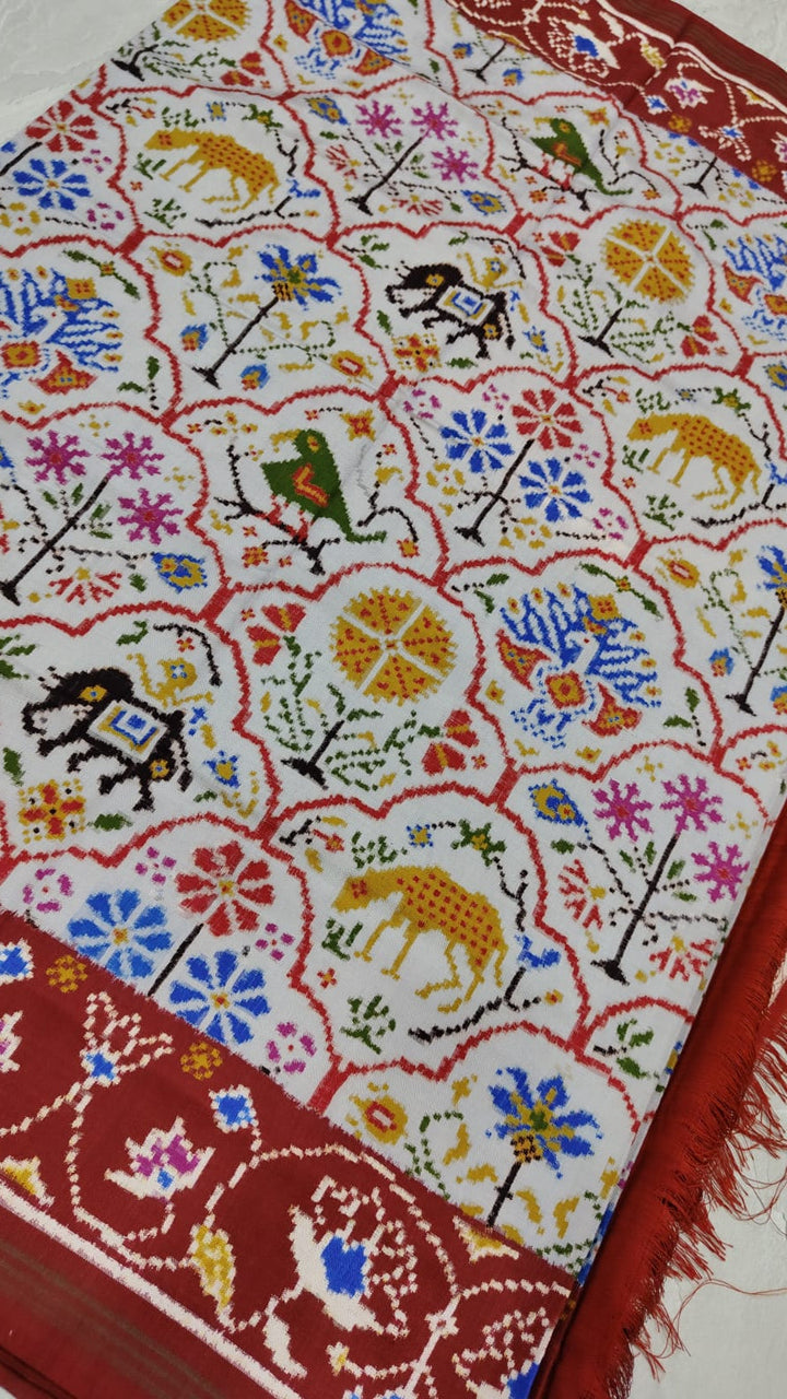 Authentic Double Ikkat Patan Patola Handwoven Saree with intricate Floral Jaal Brocade in Gray  | SILK MARK CERTIFIED