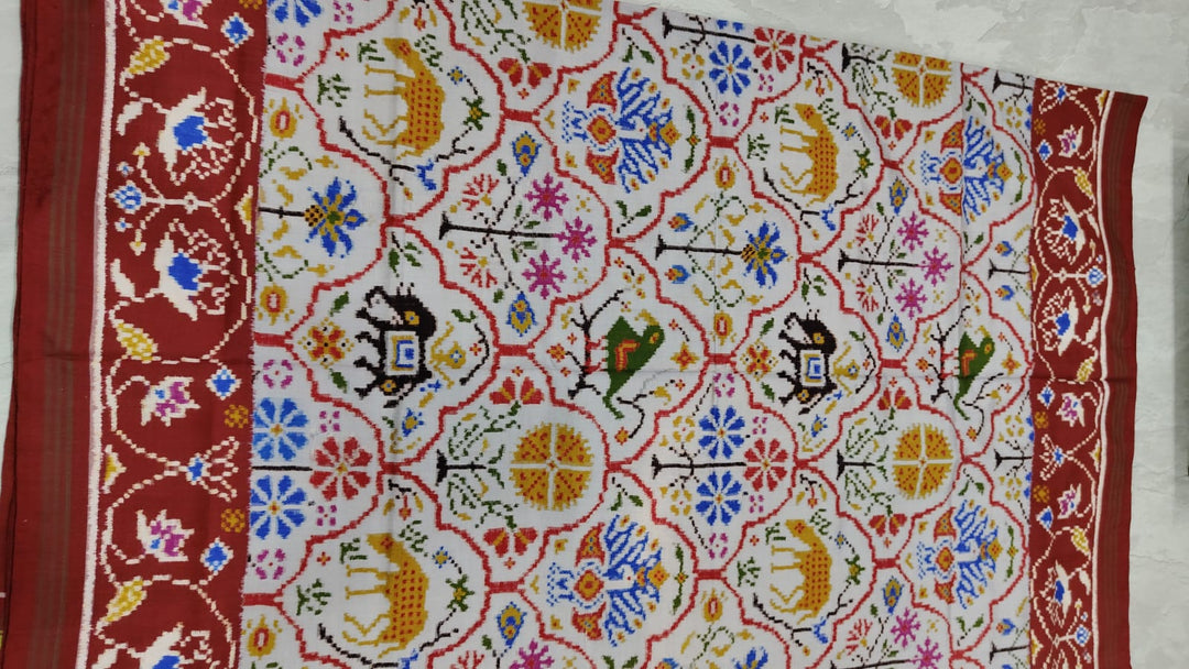 Authentic Double Ikkat Patan Patola Handwoven Saree with intricate Floral Jaal Brocade in Gray  | SILK MARK CERTIFIED