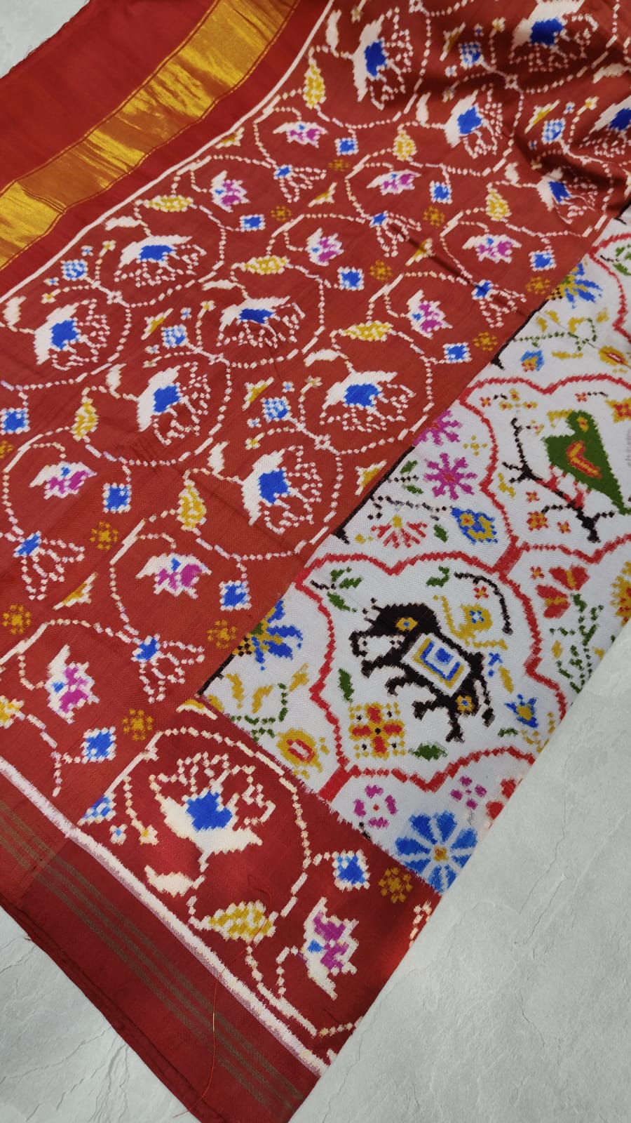 Authentic Double Ikkat Patan Patola Handwoven Saree with intricate Floral Jaal Brocade in Gray  | SILK MARK CERTIFIED