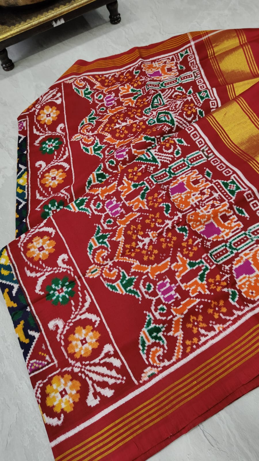 Authentic Double Ikkat Patan Patola Handwoven Saree in Black with Elephant Motif on Pallu  | SILK MARK CERTIFIED