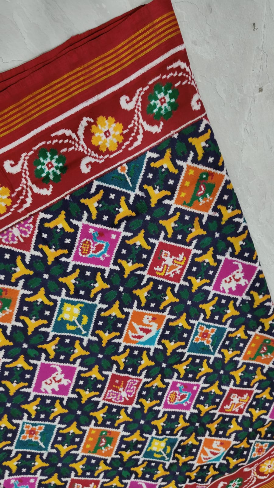 Authentic Double Ikkat Patan Patola Handwoven Saree in Black with Elephant Motif on Pallu  | SILK MARK CERTIFIED