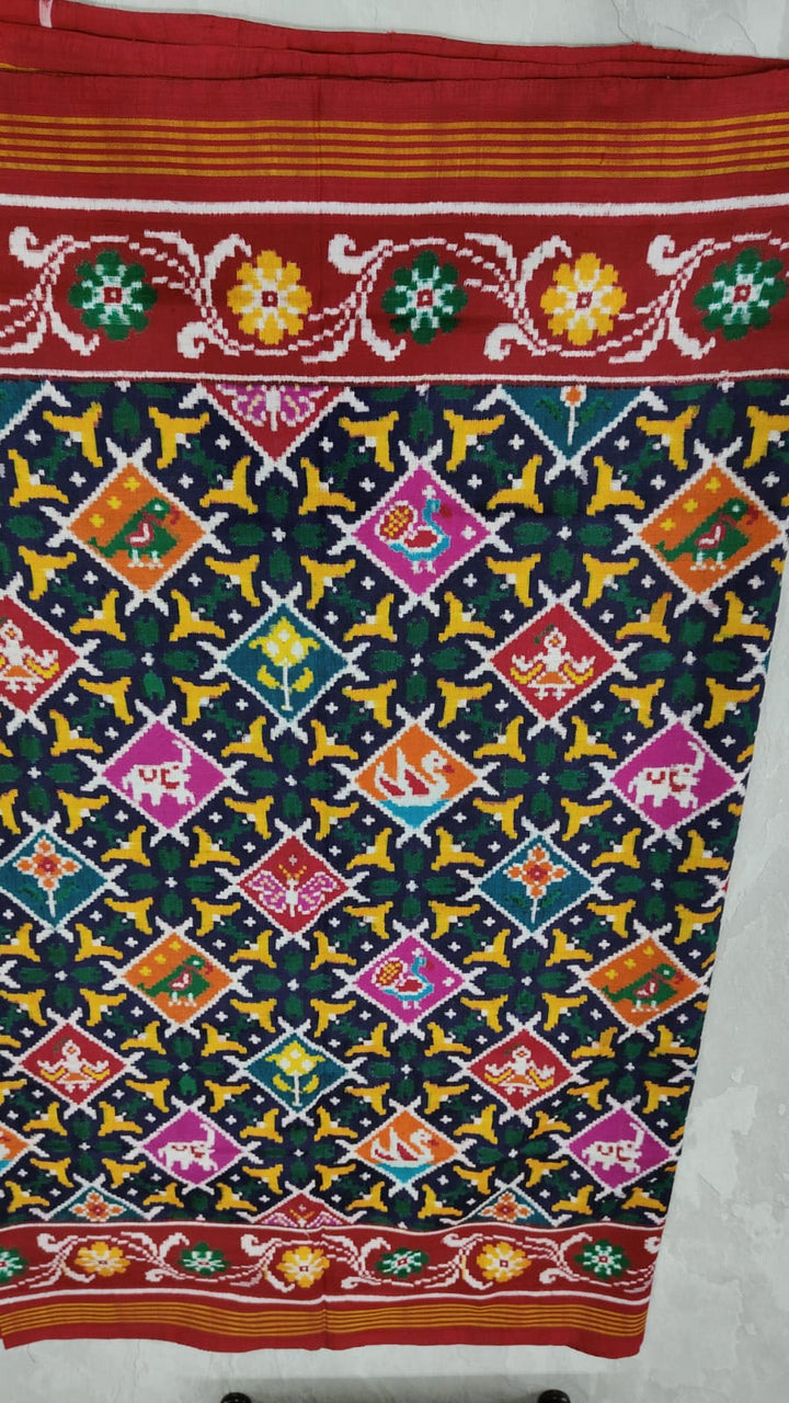 Authentic Double Ikkat Patan Patola Handwoven Saree in Black with Elephant Motif on Pallu  | SILK MARK CERTIFIED