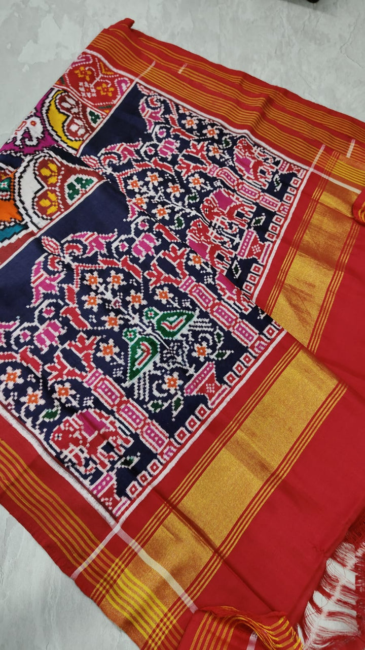 Authentic Double Ikkat Patan Patola Handwoven Saree in Multicolor waves pattern | SILK MARK CERTIFIED