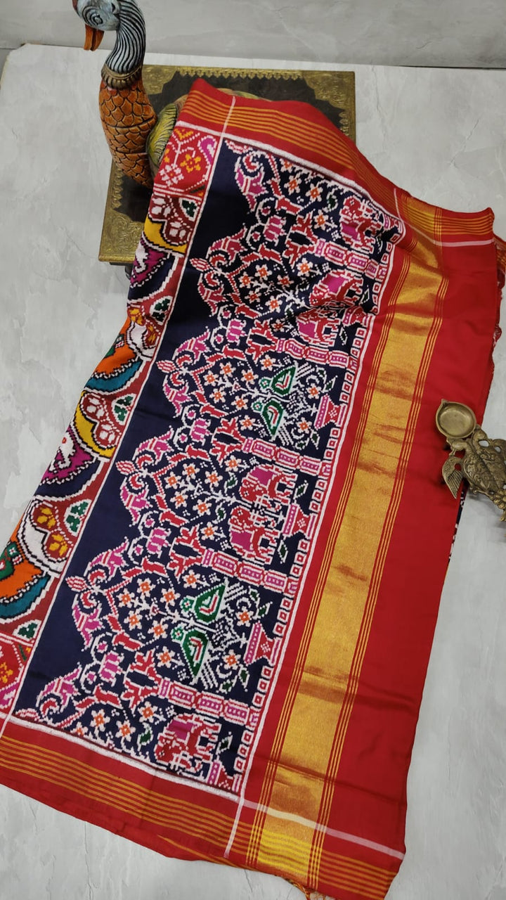 Authentic Double Ikkat Patan Patola Handwoven Saree in Multicolor waves pattern | SILK MARK CERTIFIED