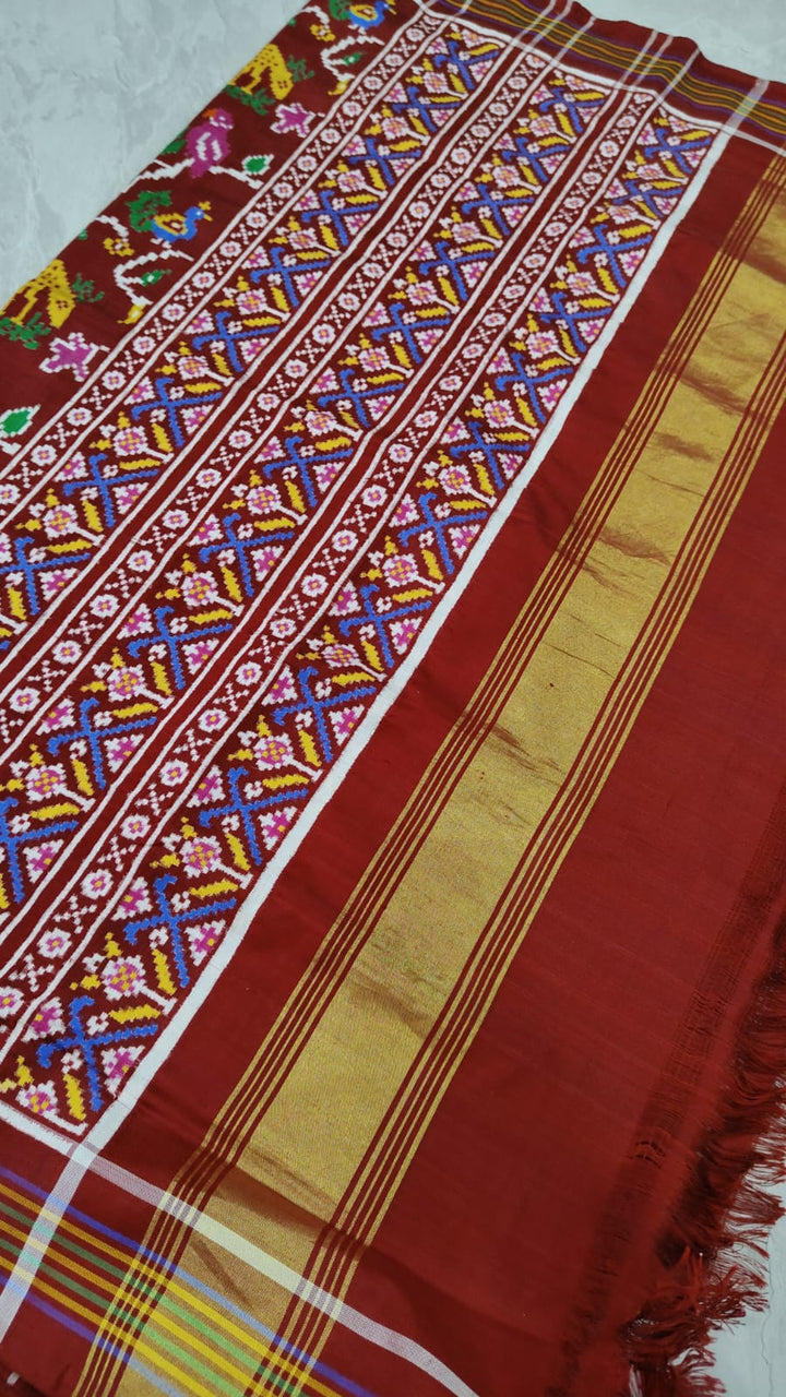 Authentic Double Ikkat Patan Patola Handwoven Saree in Maroon Jungle Theme Jaal | SILK MARK CERTIFIED