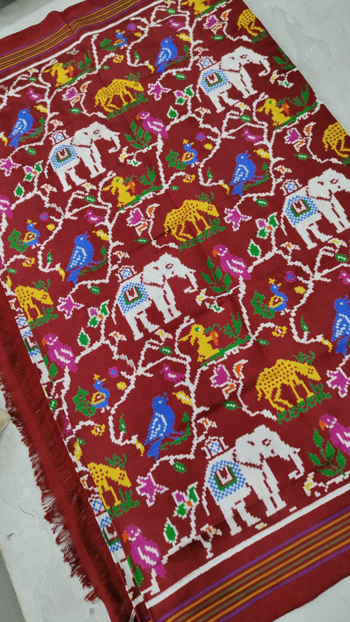Authentic Double Ikkat Patan Patola Handwoven Saree in Maroon Jungle Theme Jaal | SILK MARK CERTIFIED