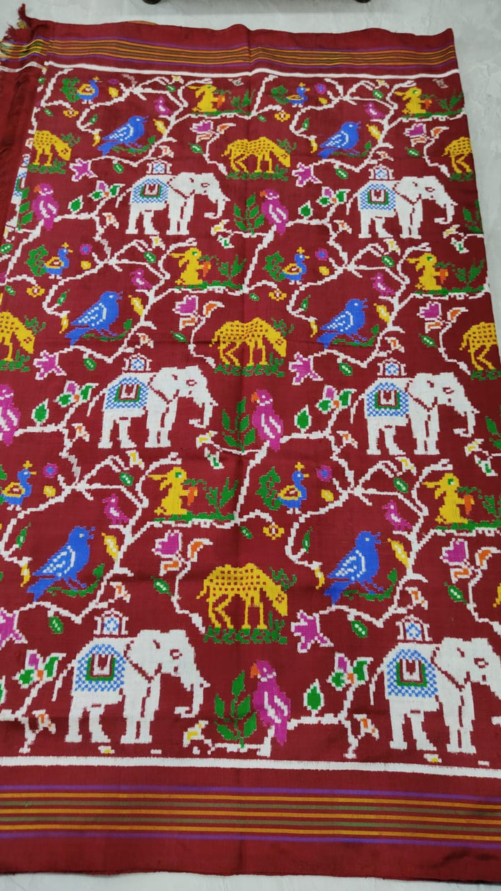Authentic Double Ikkat Patan Patola Handwoven Saree in Maroon Jungle Theme Jaal | SILK MARK CERTIFIED