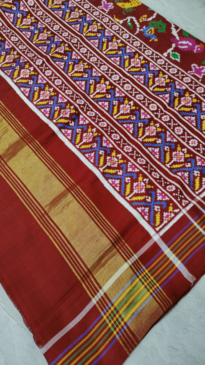 Authentic Double Ikkat Patan Patola Handwoven Saree in Maroon Jungle Theme Jaal | SILK MARK CERTIFIED