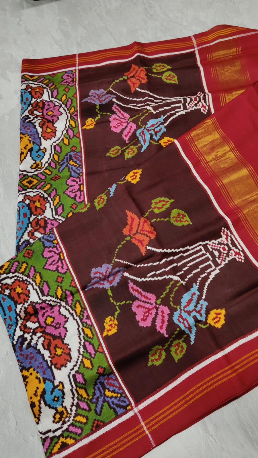 Authentic Patan Patola Double Ikkat Pure Silk Saree with Peacock and HIbiscus Motifs in Henna Green| SILK MARK CERTIFIED