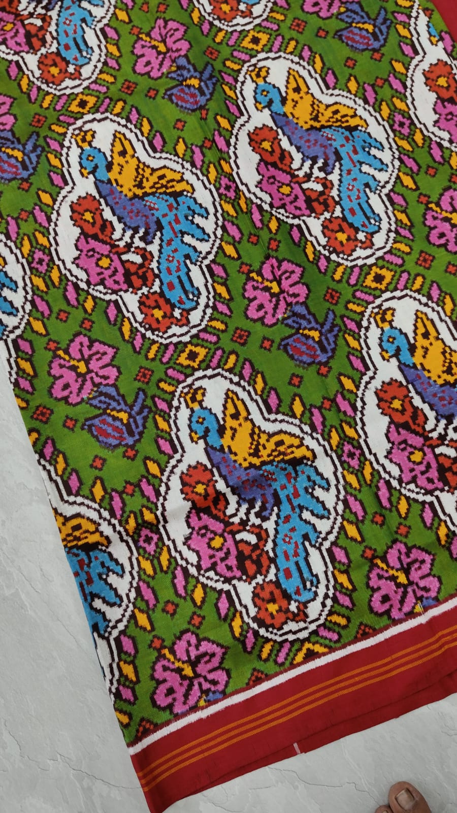 Authentic Patan Patola Double Ikkat Pure Silk Saree with Peacock and HIbiscus Motifs in Henna Green| SILK MARK CERTIFIED