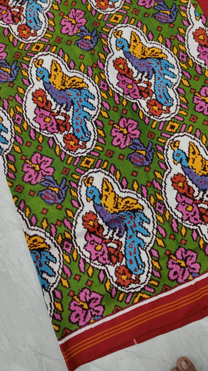 Authentic Patan Patola Double Ikkat Pure Silk Saree with Peacock and HIbiscus Motifs in Henna Green| SILK MARK CERTIFIED