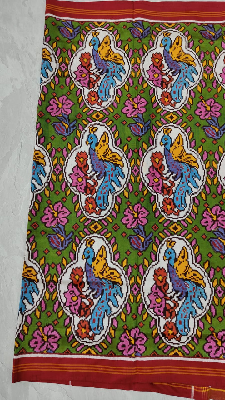 Authentic Patan Patola Double Ikkat Pure Silk Saree with Peacock and HIbiscus Motifs in Henna Green| SILK MARK CERTIFIED