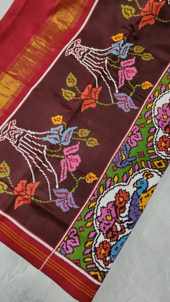 Authentic Patan Patola Double Ikkat Pure Silk Saree with Peacock and HIbiscus Motifs in Henna Green| SILK MARK CERTIFIED