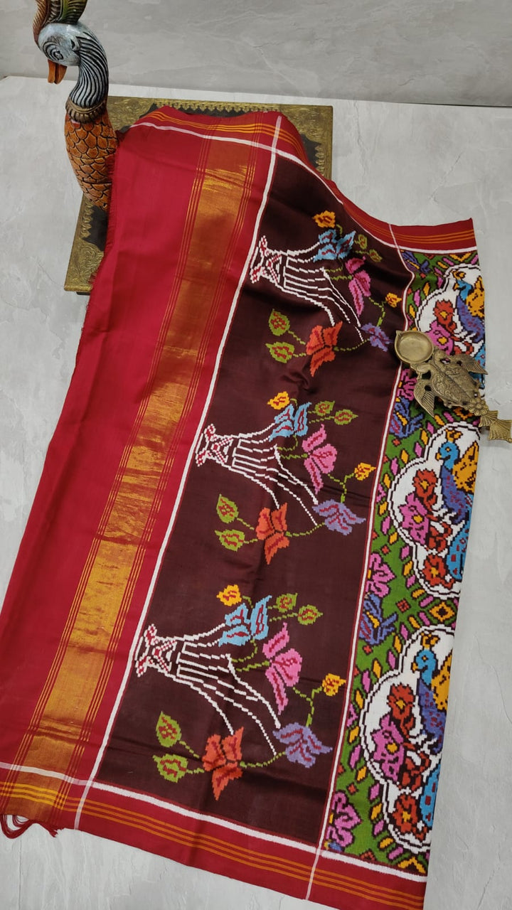 Authentic Patan Patola Double Ikkat Pure Silk Saree with Peacock and HIbiscus Motifs in Henna Green| SILK MARK CERTIFIED