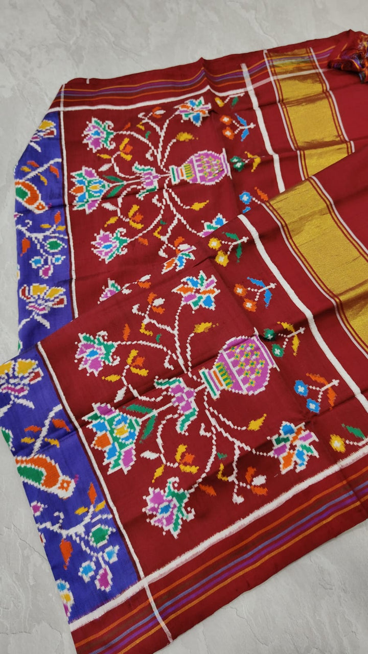 Authentic Double Ikkat Patan Patola Handwoven Saree in Blue Purple with Intricate Birds Jaal | SILK MARK CERTIFIED