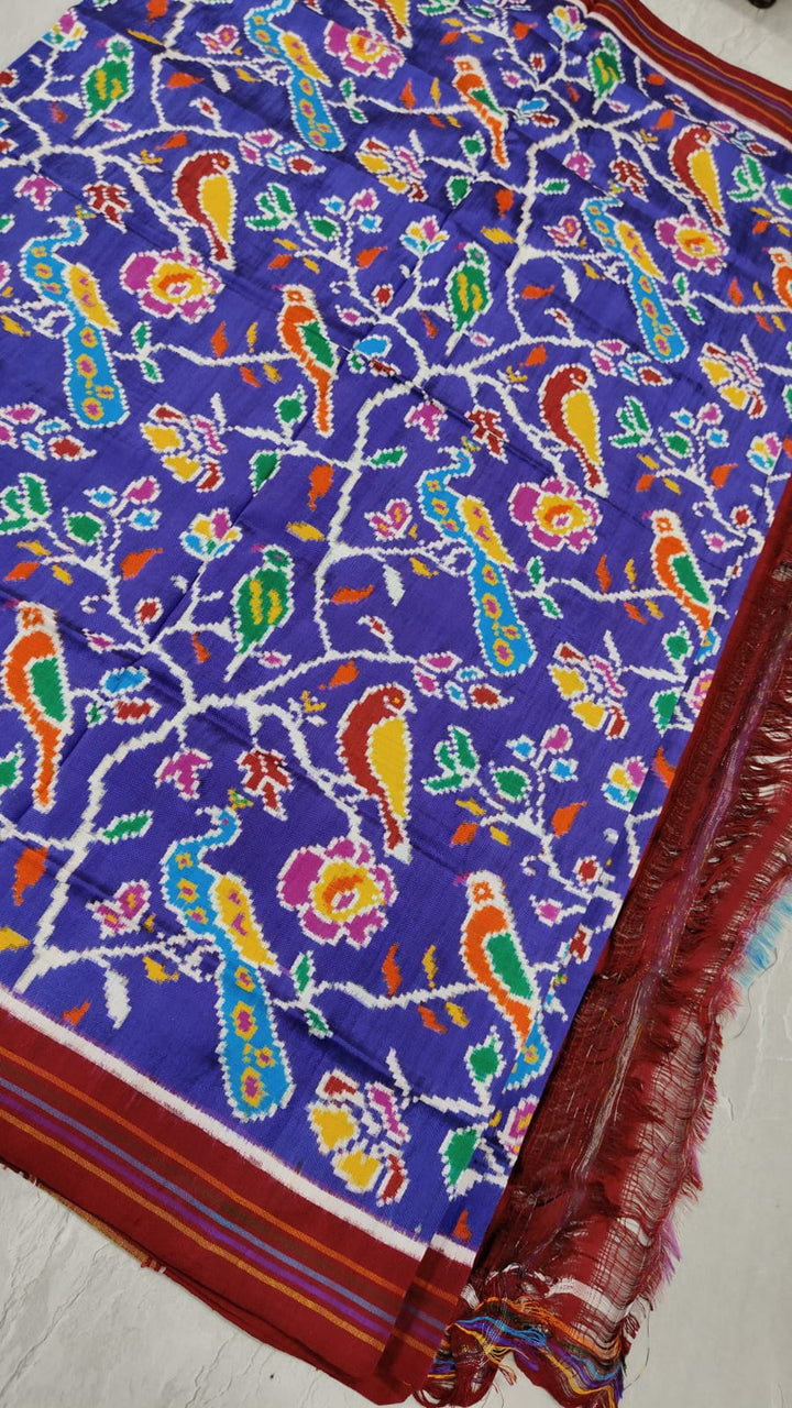 Authentic Double Ikkat Patan Patola Handwoven Saree in Blue Purple with Intricate Birds Jaal | SILK MARK CERTIFIED