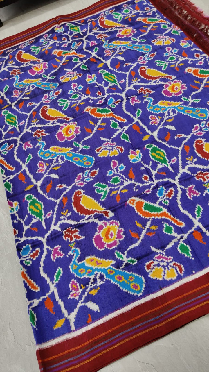 Authentic Double Ikkat Patan Patola Handwoven Saree in Blue Purple with Intricate Birds Jaal | SILK MARK CERTIFIED