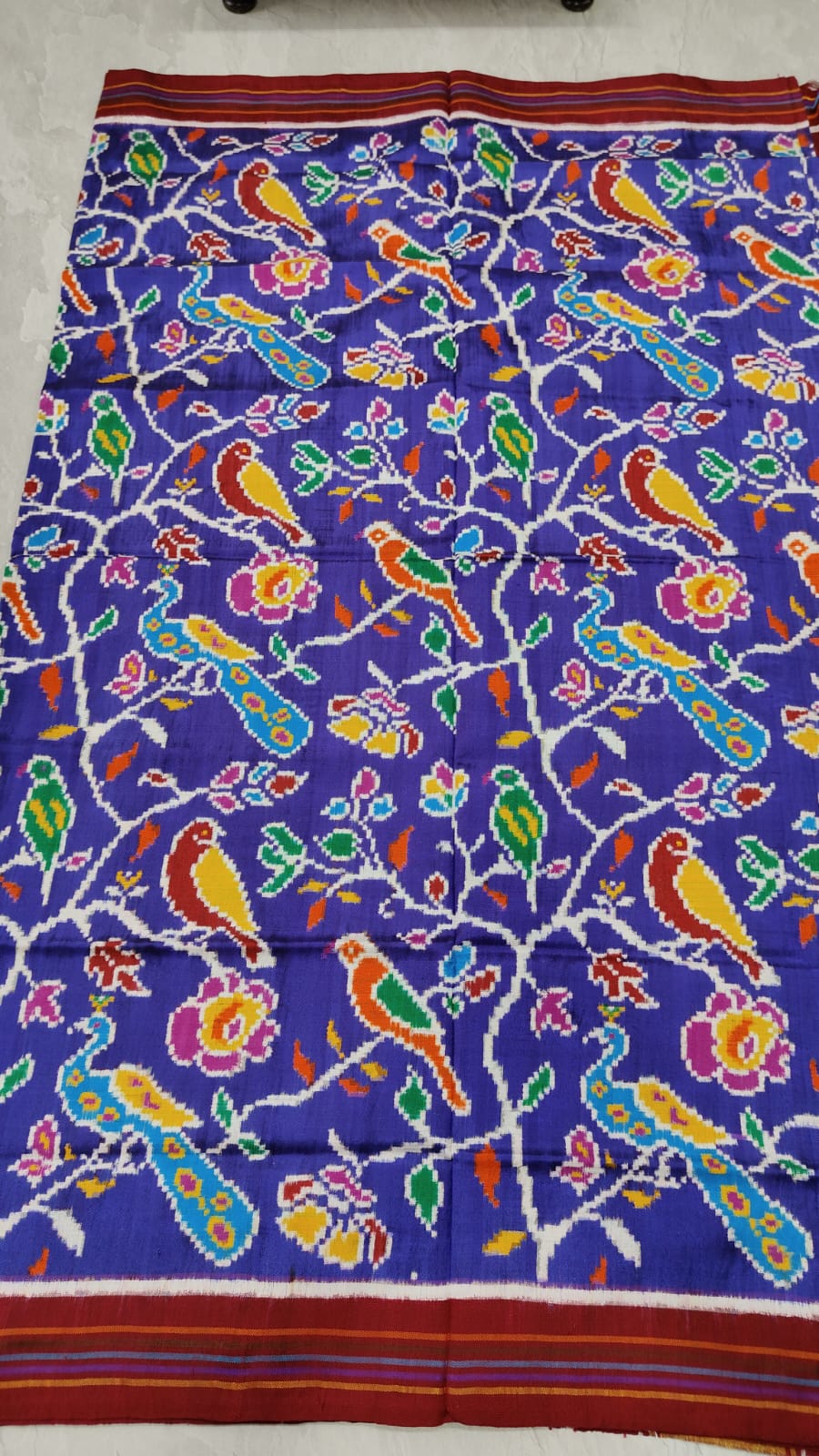 Authentic Double Ikkat Patan Patola Handwoven Saree in Blue Purple with Intricate Birds Jaal | SILK MARK CERTIFIED
