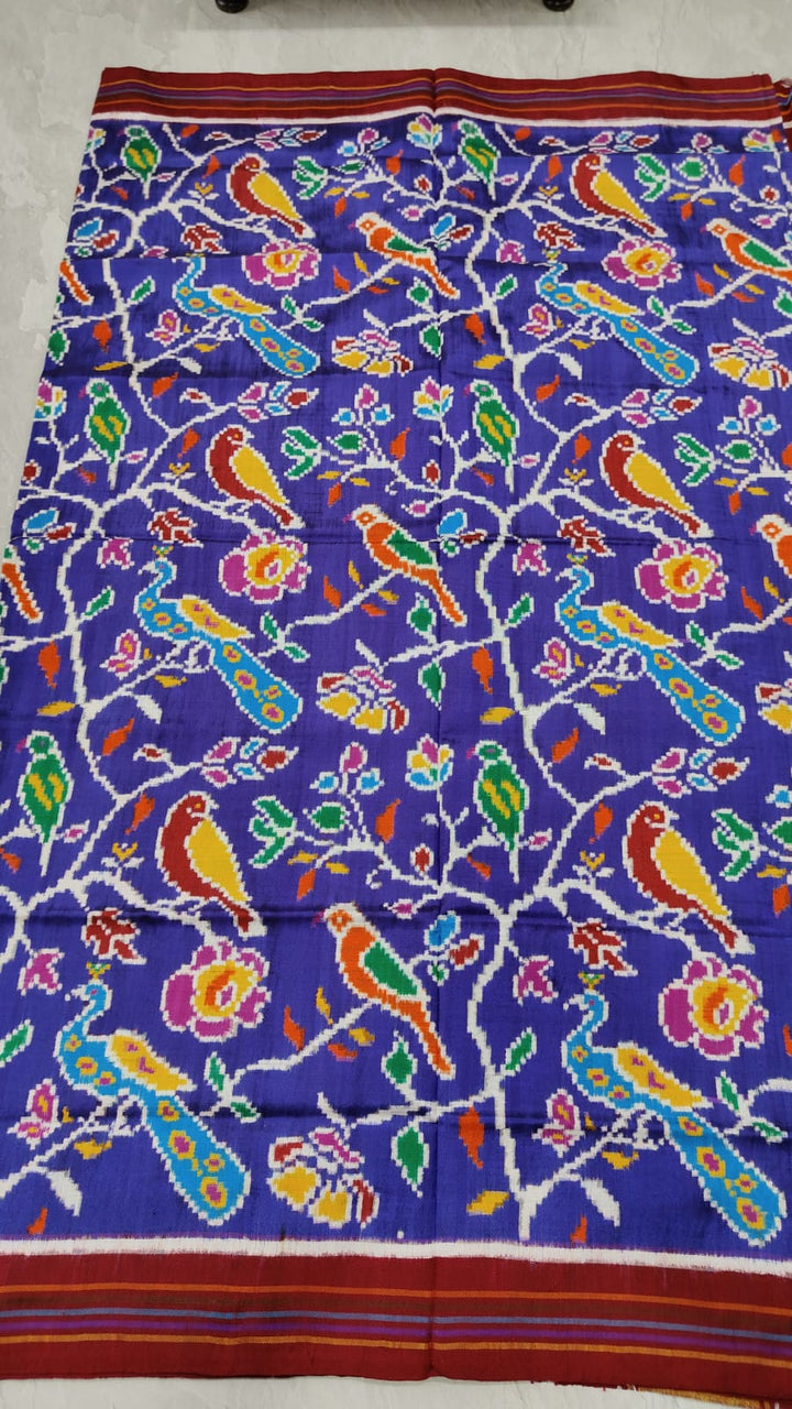 Authentic Double Ikkat Patan Patola Handwoven Saree in Blue Purple with Intricate Birds Jaal | SILK MARK CERTIFIED