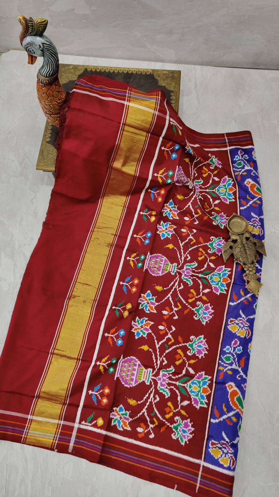 Authentic Double Ikkat Patan Patola Handwoven Saree in Blue Purple with Intricate Birds Jaal | SILK MARK CERTIFIED