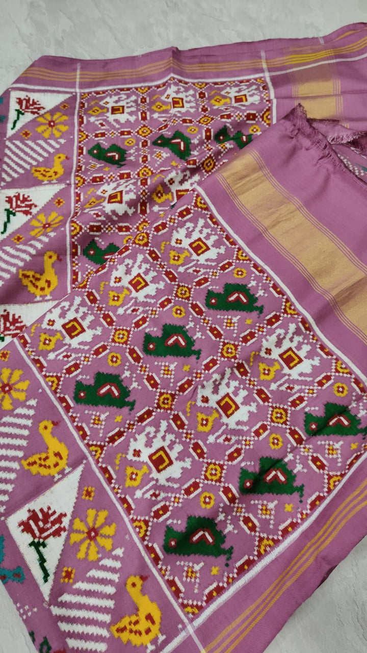 Authentic Patan Patola Double Ikkat Pure Silk Handowven Saree in Dusty Mauve with Geometric Motifs | SILK MARK CERTIFIED