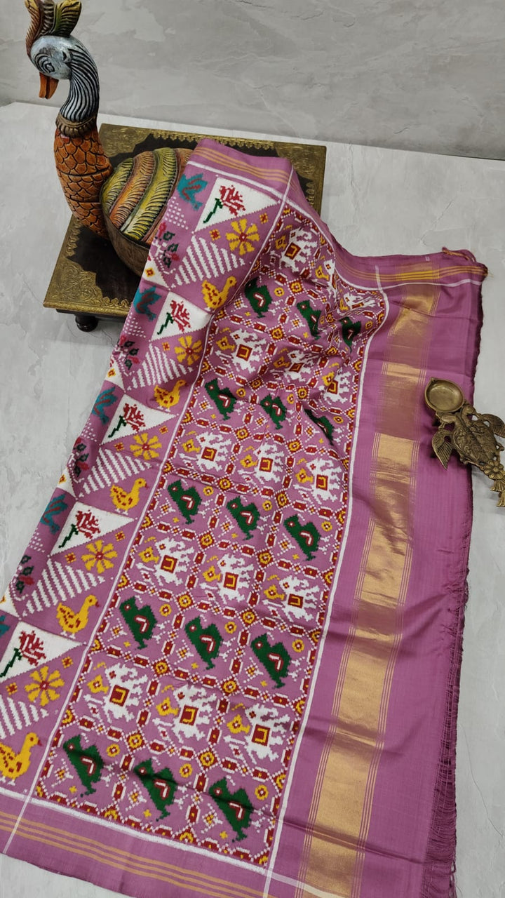 Authentic Patan Patola Double Ikkat Pure Silk Handowven Saree in Dusty Mauve with Geometric Motifs | SILK MARK CERTIFIED