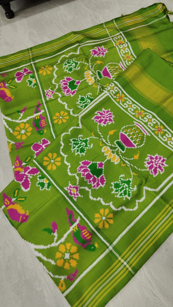 Authentic Patan Patola Double Ikkat Pure Silk Saree in Parrot Green with Birds and Butterflies jaal  | SILK MARK CERTIFIED