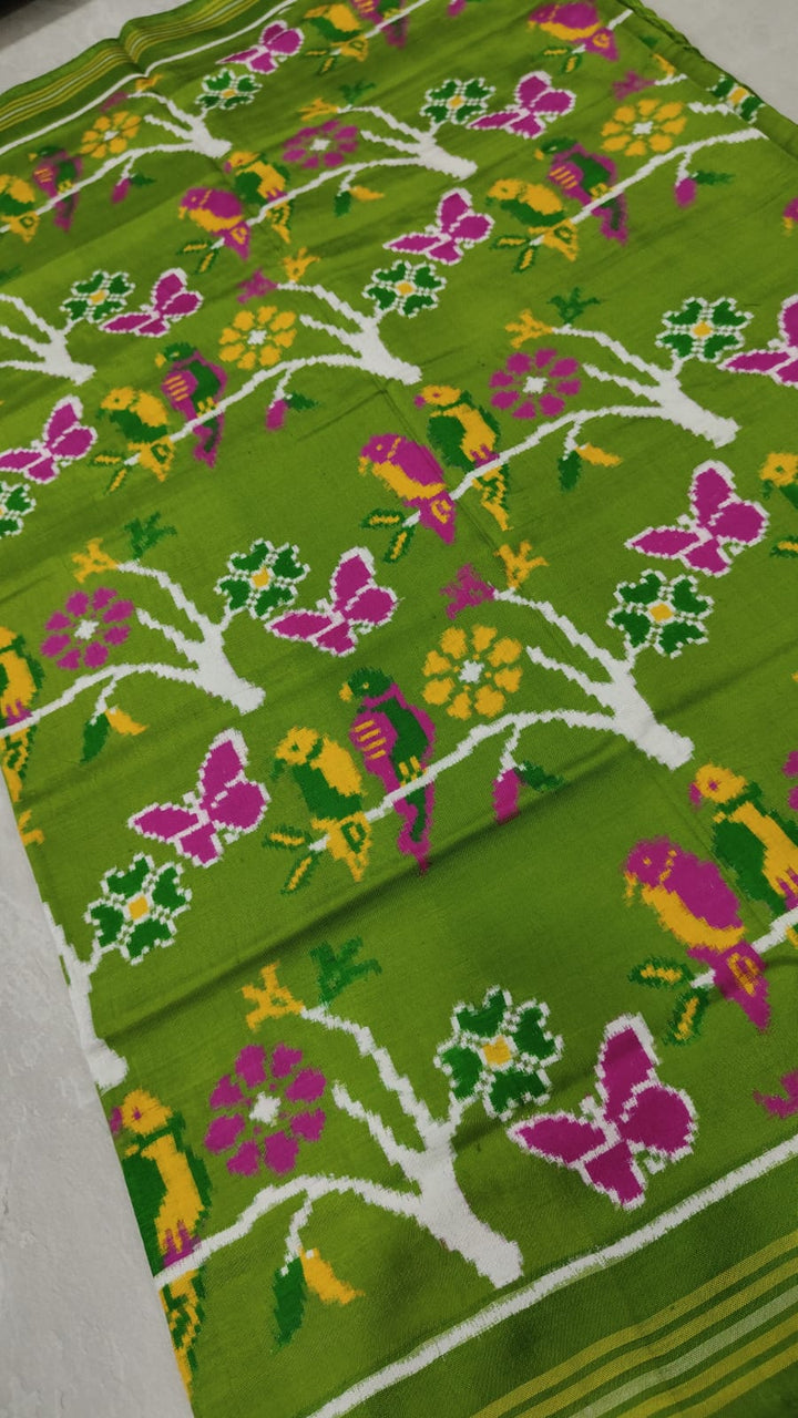 Authentic Patan Patola Double Ikkat Pure Silk Saree in Parrot Green with Birds and Butterflies jaal  | SILK MARK CERTIFIED