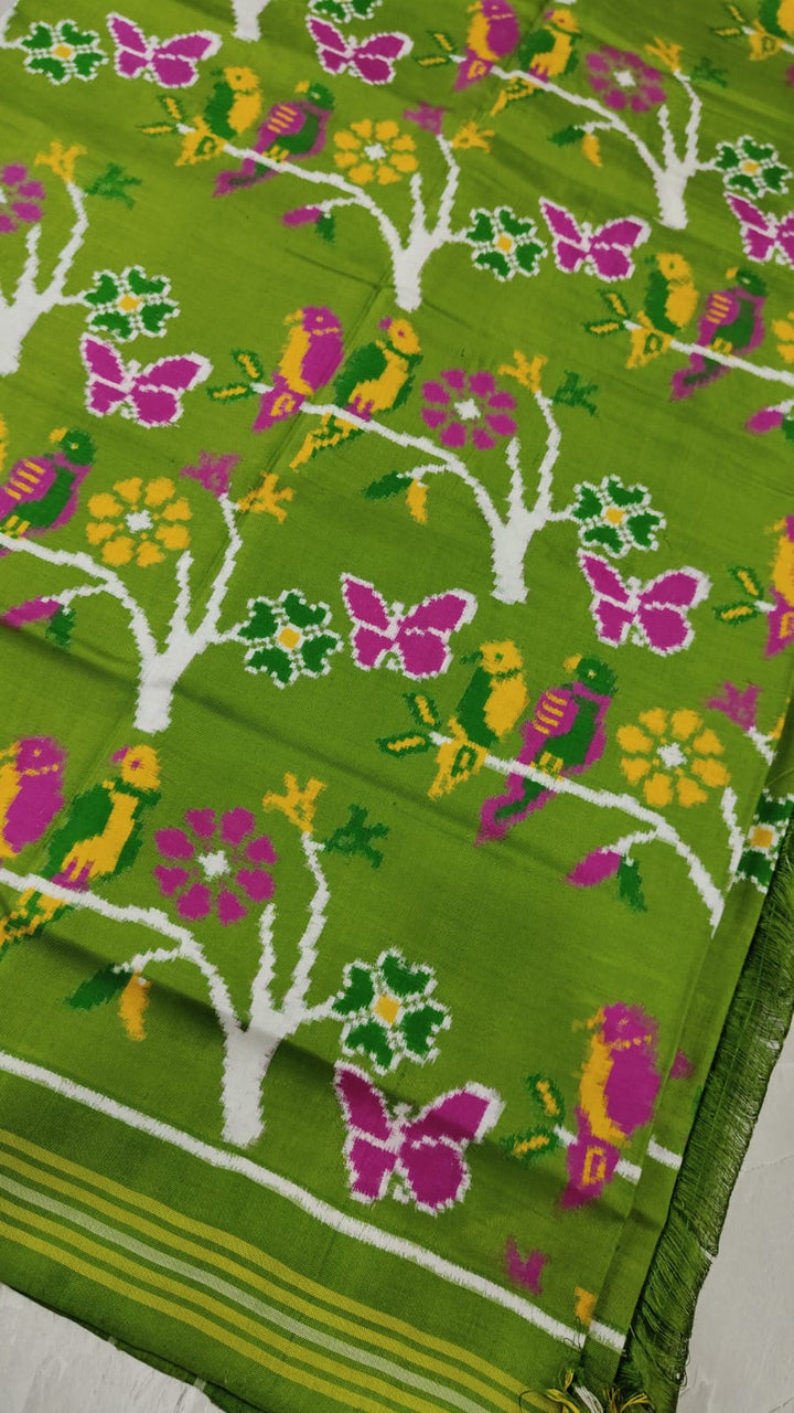 Authentic Patan Patola Double Ikkat Pure Silk Saree in Parrot Green with Birds and Butterflies jaal  | SILK MARK CERTIFIED