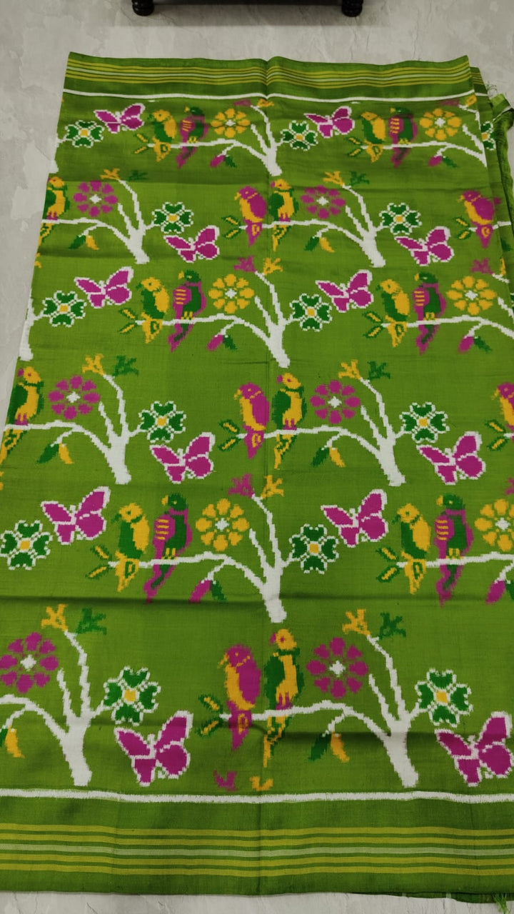 Authentic Patan Patola Double Ikkat Pure Silk Saree in Parrot Green with Birds and Butterflies jaal  | SILK MARK CERTIFIED