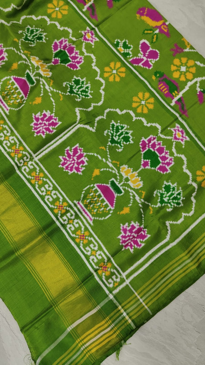 Authentic Patan Patola Double Ikkat Pure Silk Saree in Parrot Green with Birds and Butterflies jaal  | SILK MARK CERTIFIED