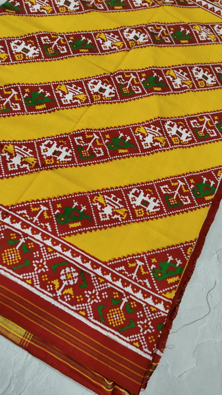 Authentic Double Ikkat Patan Patola Handwoven Saree with  Diagonal Pattern in Yellow | SILK MARK CERTIFIED