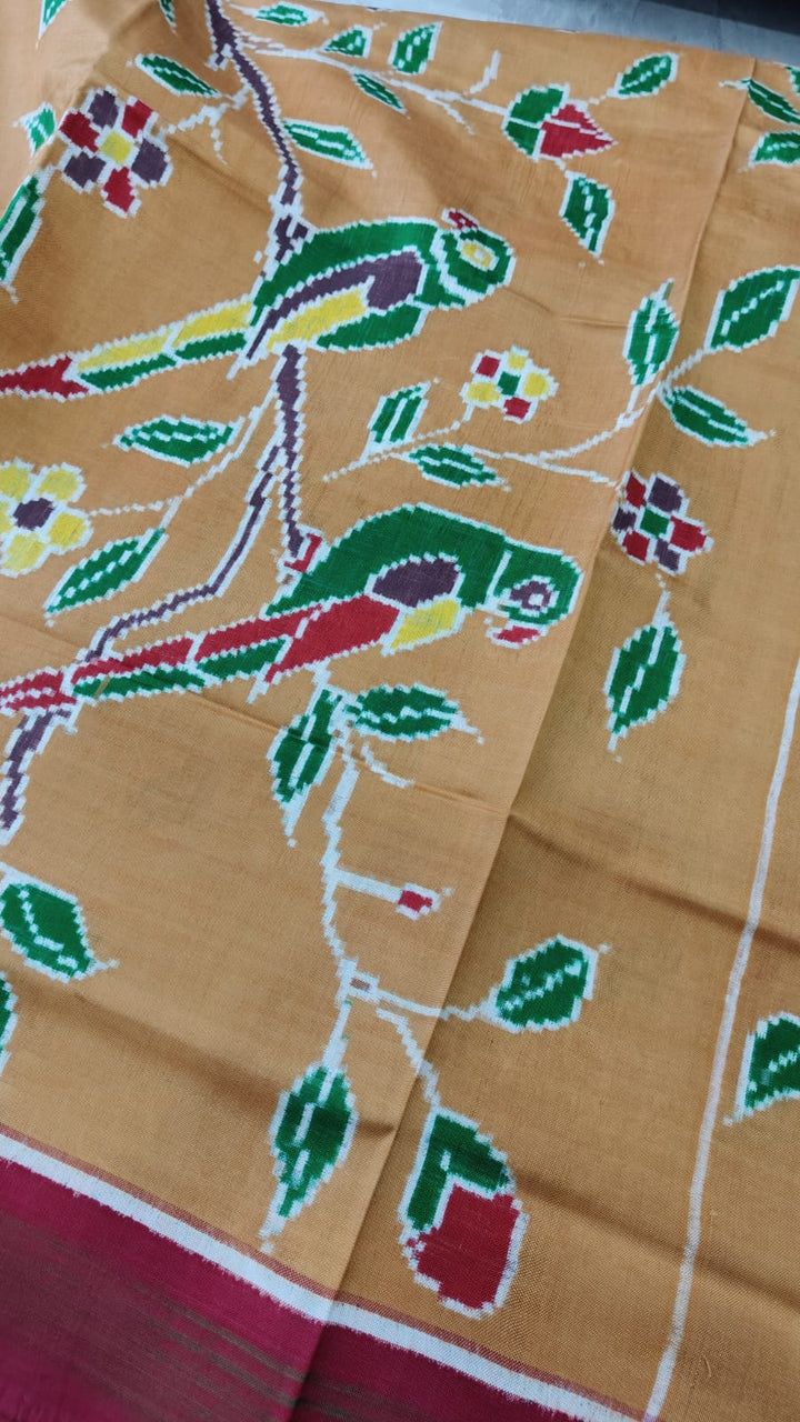 Authentic Double Ikkat Patan Patola Handwoven Saree in Pale Ochre with Muniya Style Skirt Border | SILK MARK CERTIFIED