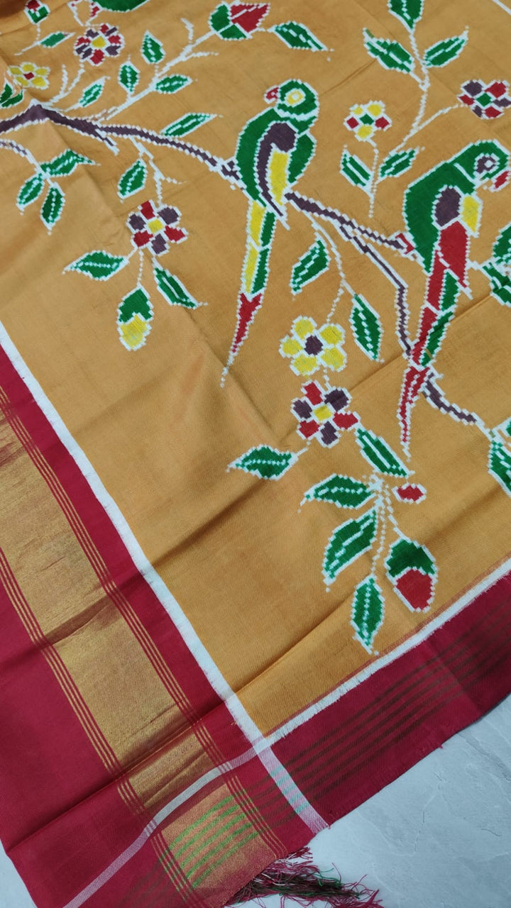 Authentic Double Ikkat Patan Patola Handwoven Saree in Pale Ochre with Muniya Style Skirt Border | SILK MARK CERTIFIED