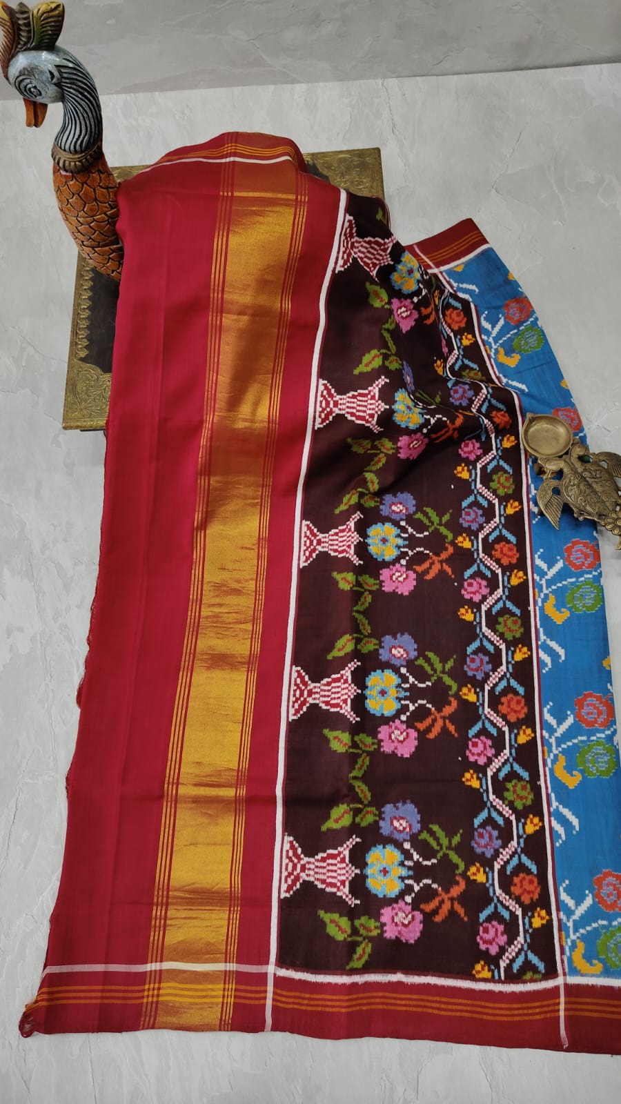 Authentic Patan Patola Double Ikkat Pure Silk Saree in Blue and Brown with Leheria Floral pattern| SILK MARK CERTIFIED