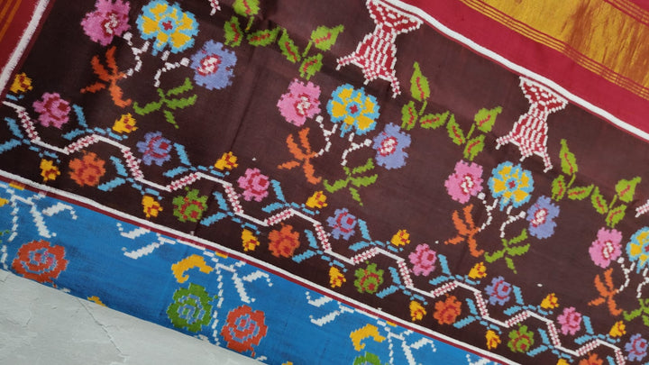 Authentic Patan Patola Double Ikkat Pure Silk Saree in Blue and Brown with Leheria Floral pattern| SILK MARK CERTIFIED