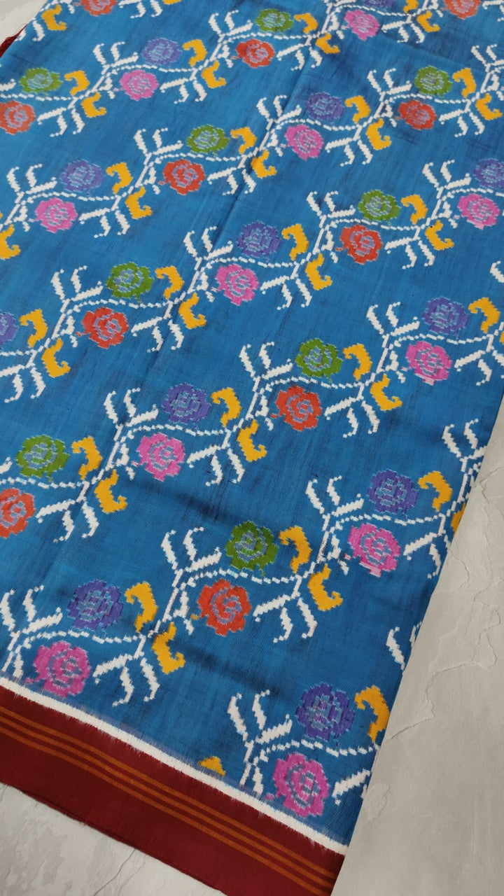 Authentic Patan Patola Double Ikkat Pure Silk Saree in Blue and Brown with Leheria Floral pattern| SILK MARK CERTIFIED