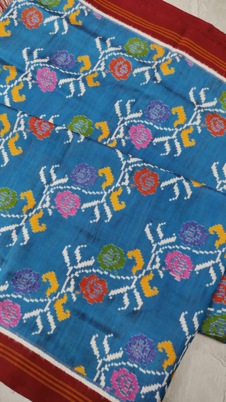 Authentic Patan Patola Double Ikkat Pure Silk Saree in Blue and Brown with Leheria Floral pattern| SILK MARK CERTIFIED