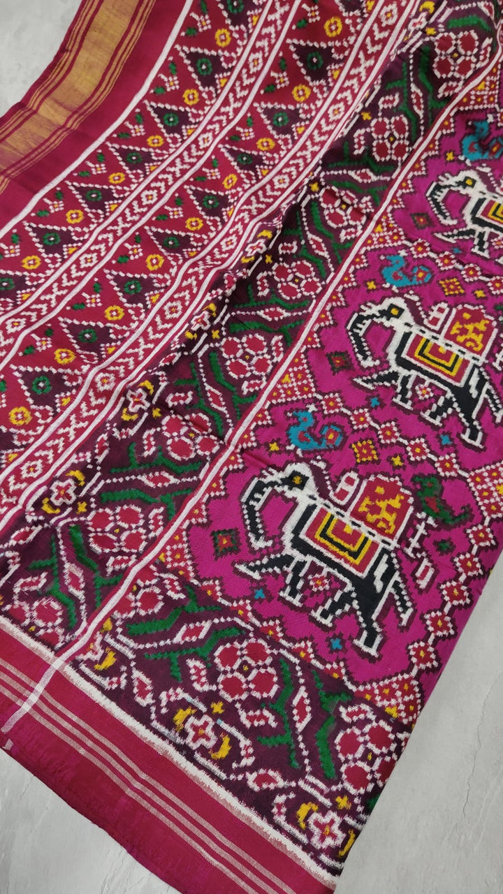 Authentic Double Ikkat Patan Patola Handwoven Saree in Magenta with Elephant Motifs | SILK MARK CERTIFIED