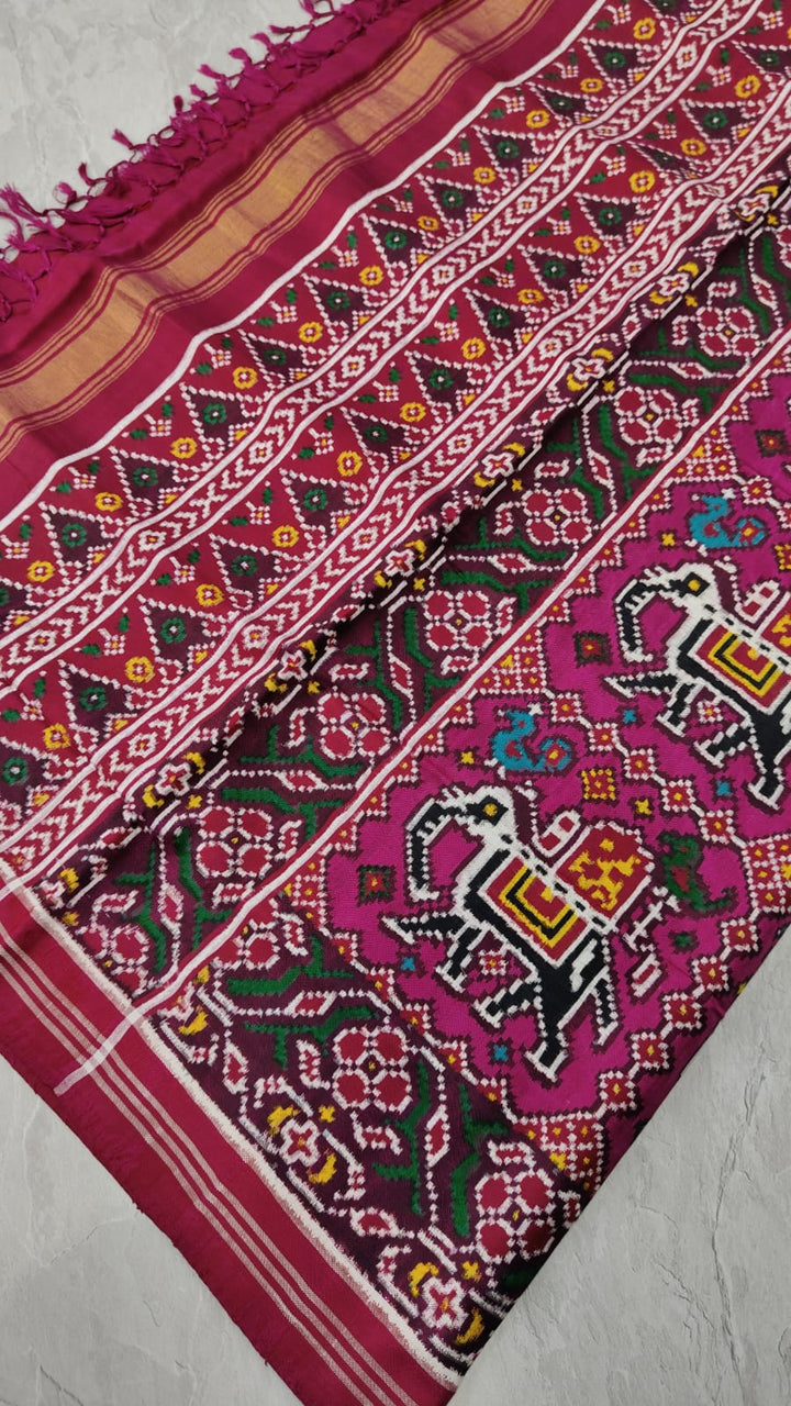 Authentic Double Ikkat Patan Patola Handwoven Saree in Magenta with Elephant Motifs | SILK MARK CERTIFIED