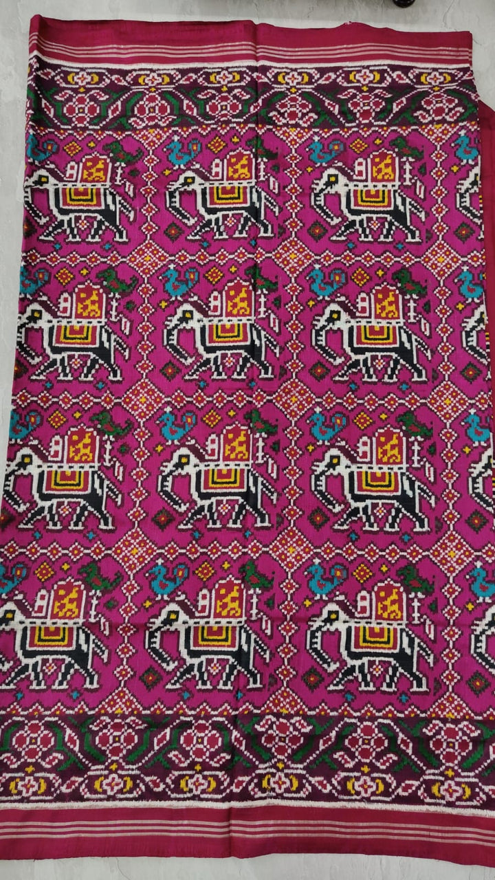 Authentic Double Ikkat Patan Patola Handwoven Saree in Magenta with Elephant Motifs | SILK MARK CERTIFIED