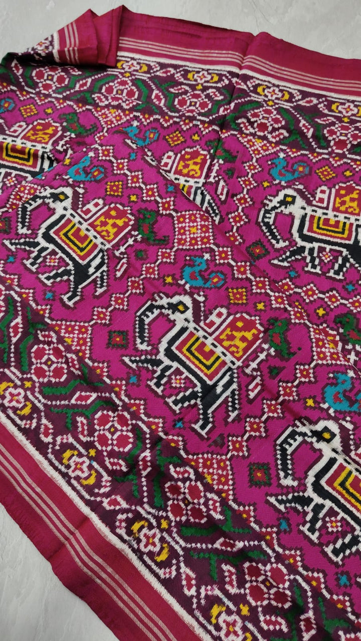 Authentic Double Ikkat Patan Patola Handwoven Saree in Magenta with Elephant Motifs | SILK MARK CERTIFIED