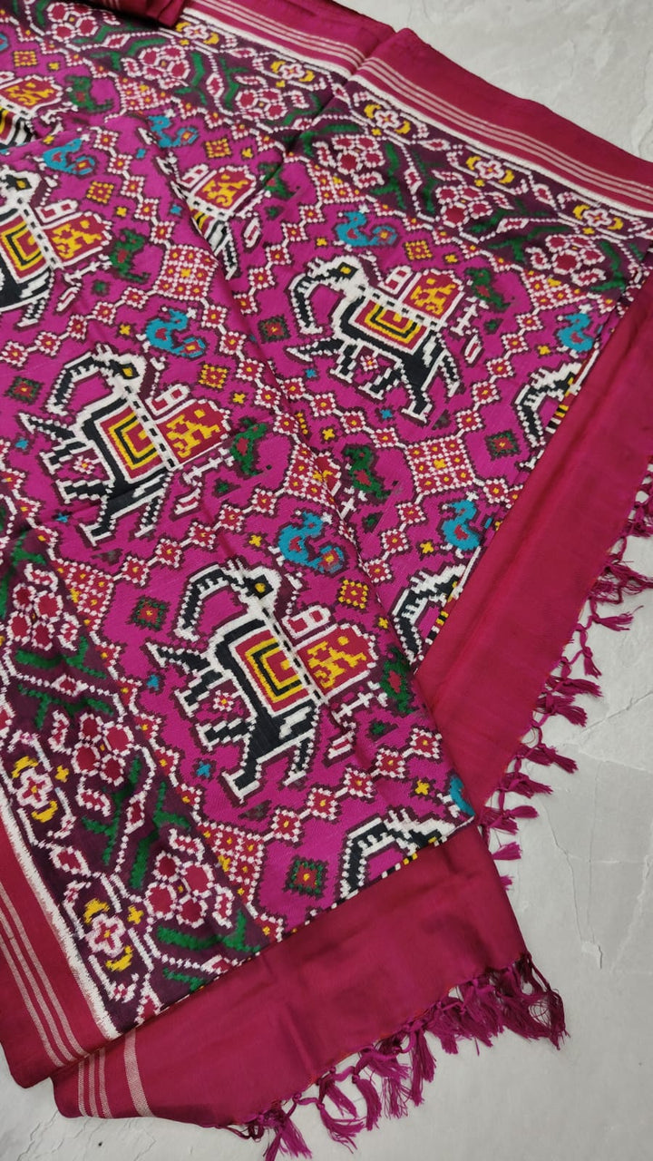 Authentic Double Ikkat Patan Patola Handwoven Saree in Magenta with Elephant Motifs | SILK MARK CERTIFIED